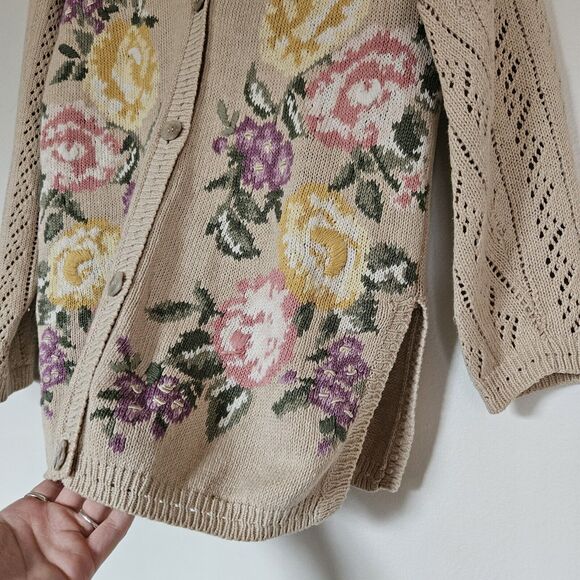 Vtg Jantzen Floral Cardigan Womens L Beige Embroidered Pointelle Cottagecore Gma - Picture 4 of 11